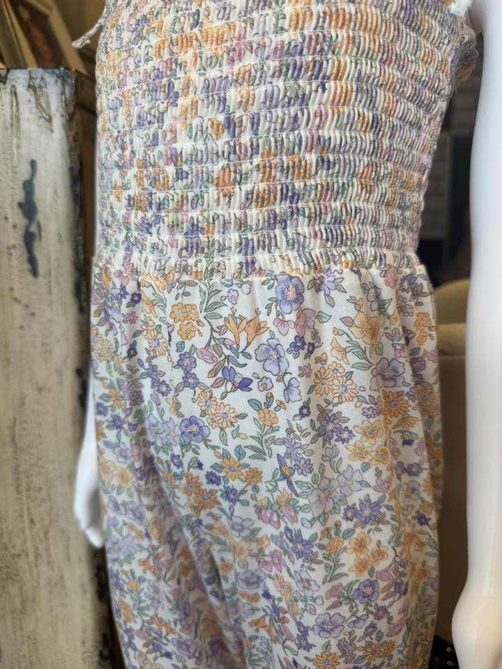 Purple Floral Smocked Ruffle Jumpsuit