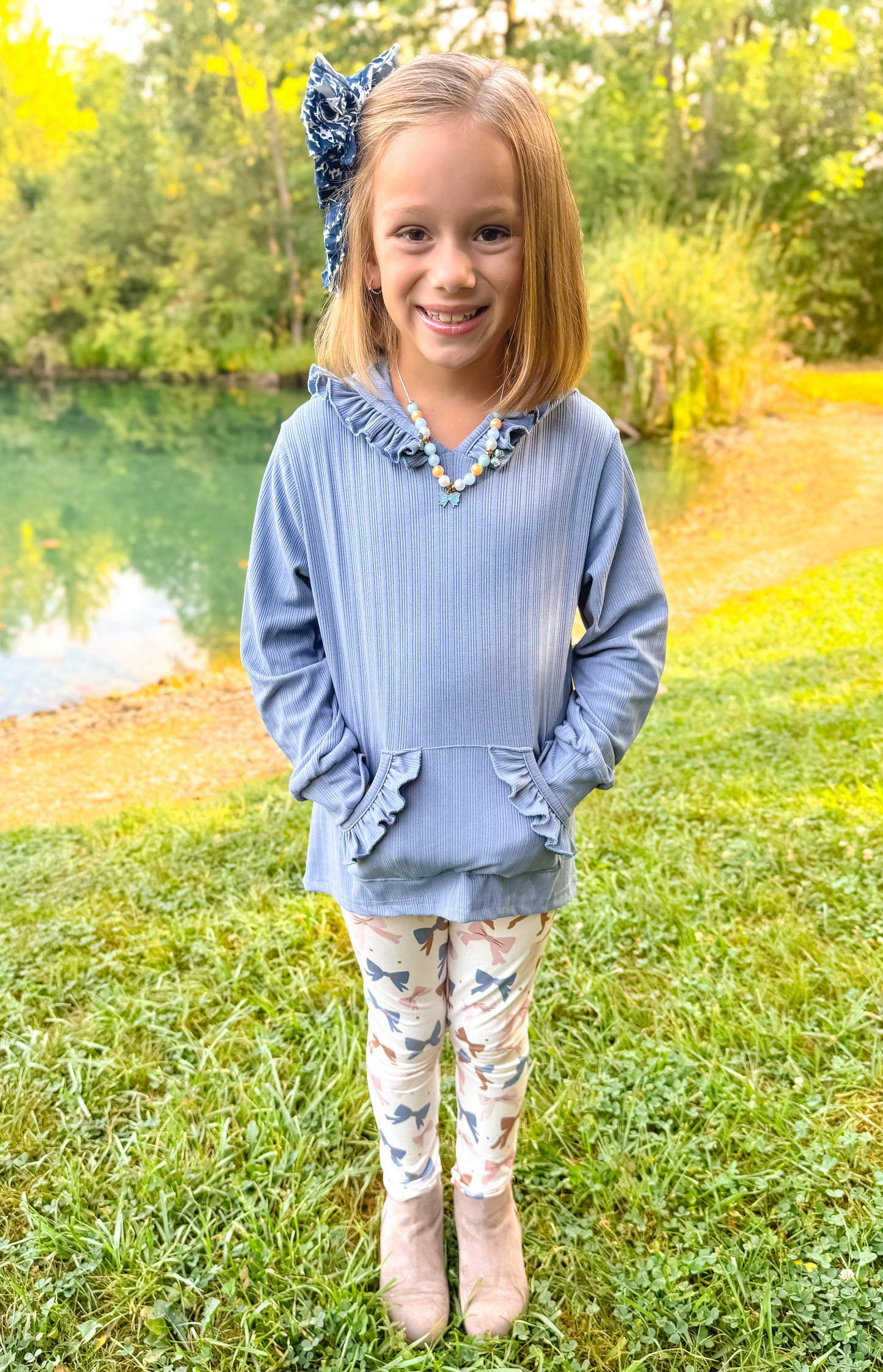 Periwinkle Hooded Ribbed L/S Top w/ Bow Leggings