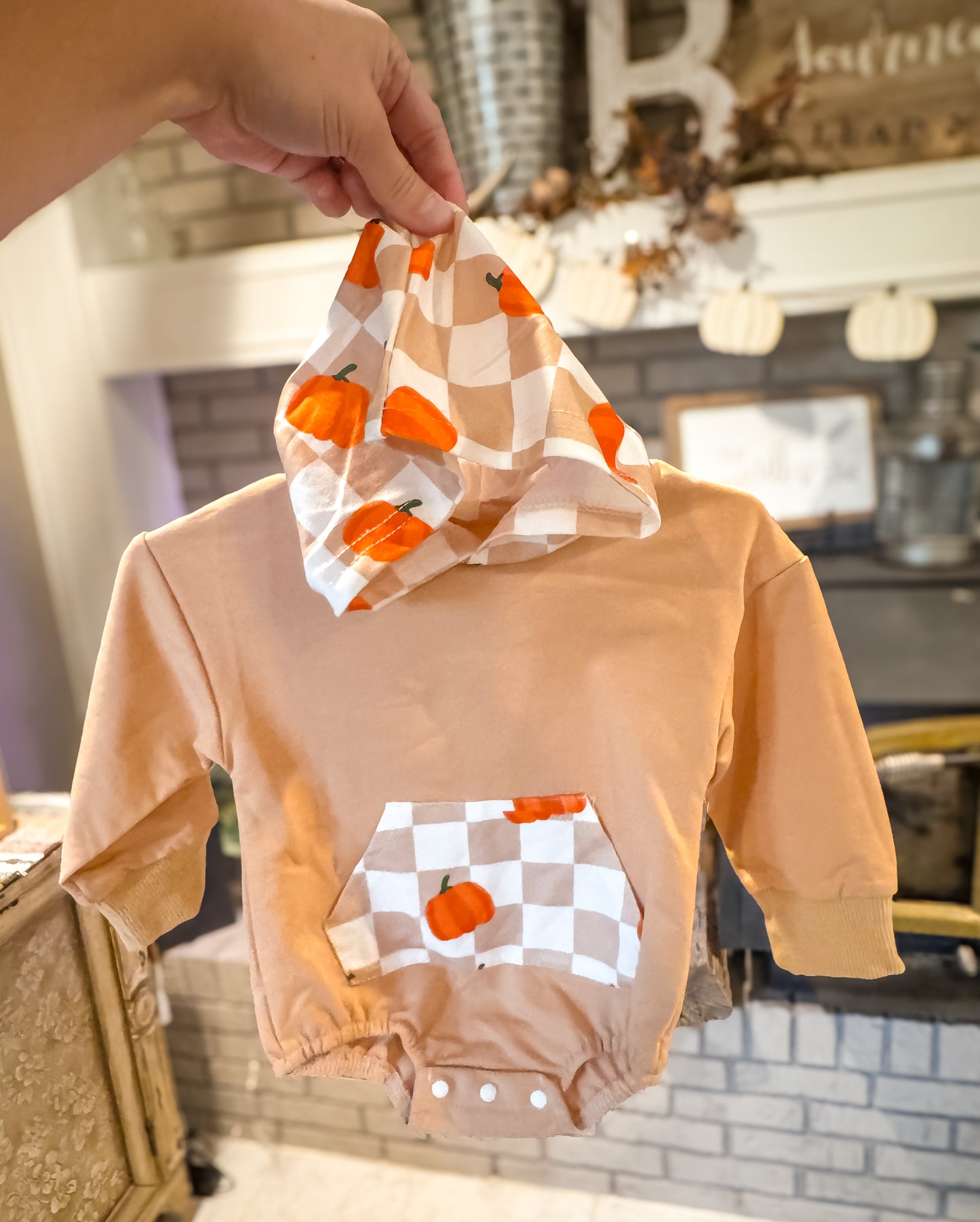 Plaid Pumpkin Hooded Infant Romper
