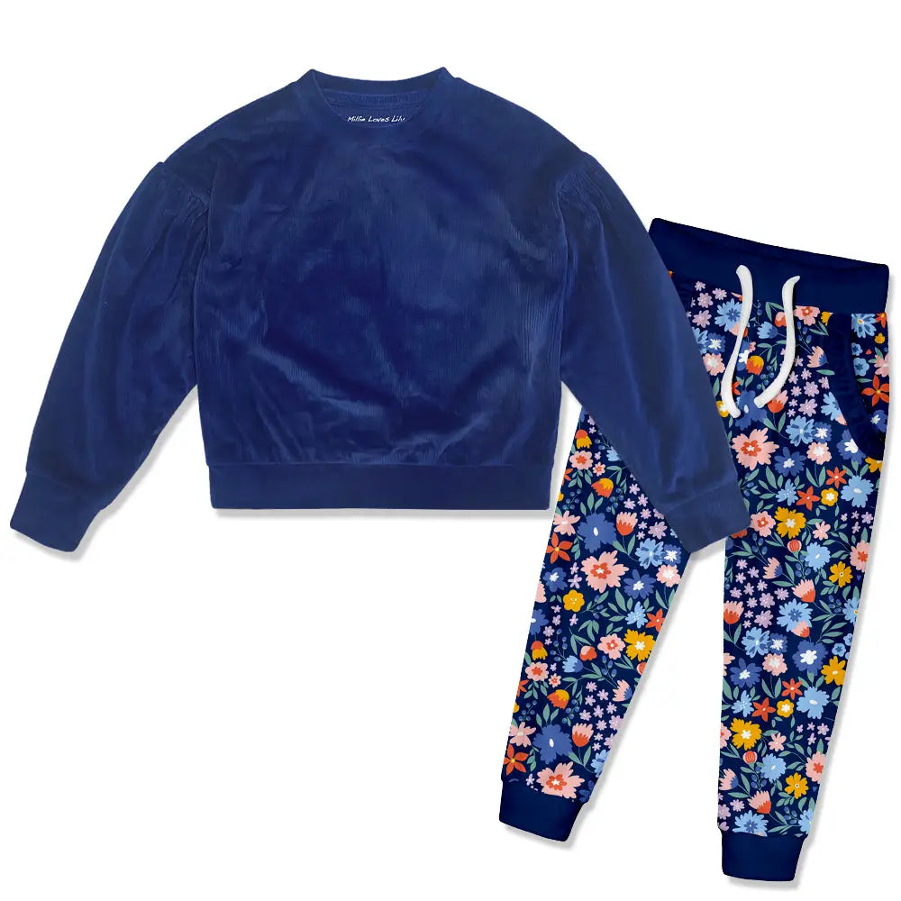Navy Floral Velour Sweatshirt & Velour Joggers