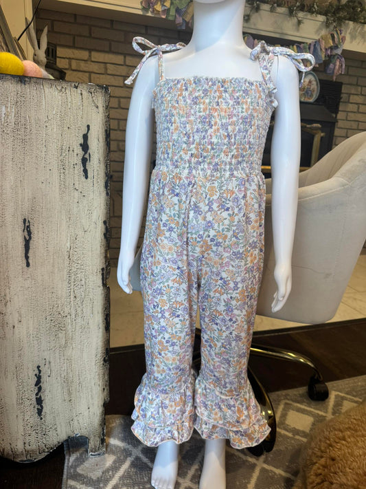 Purple Floral Smocked Ruffle Jumpsuit