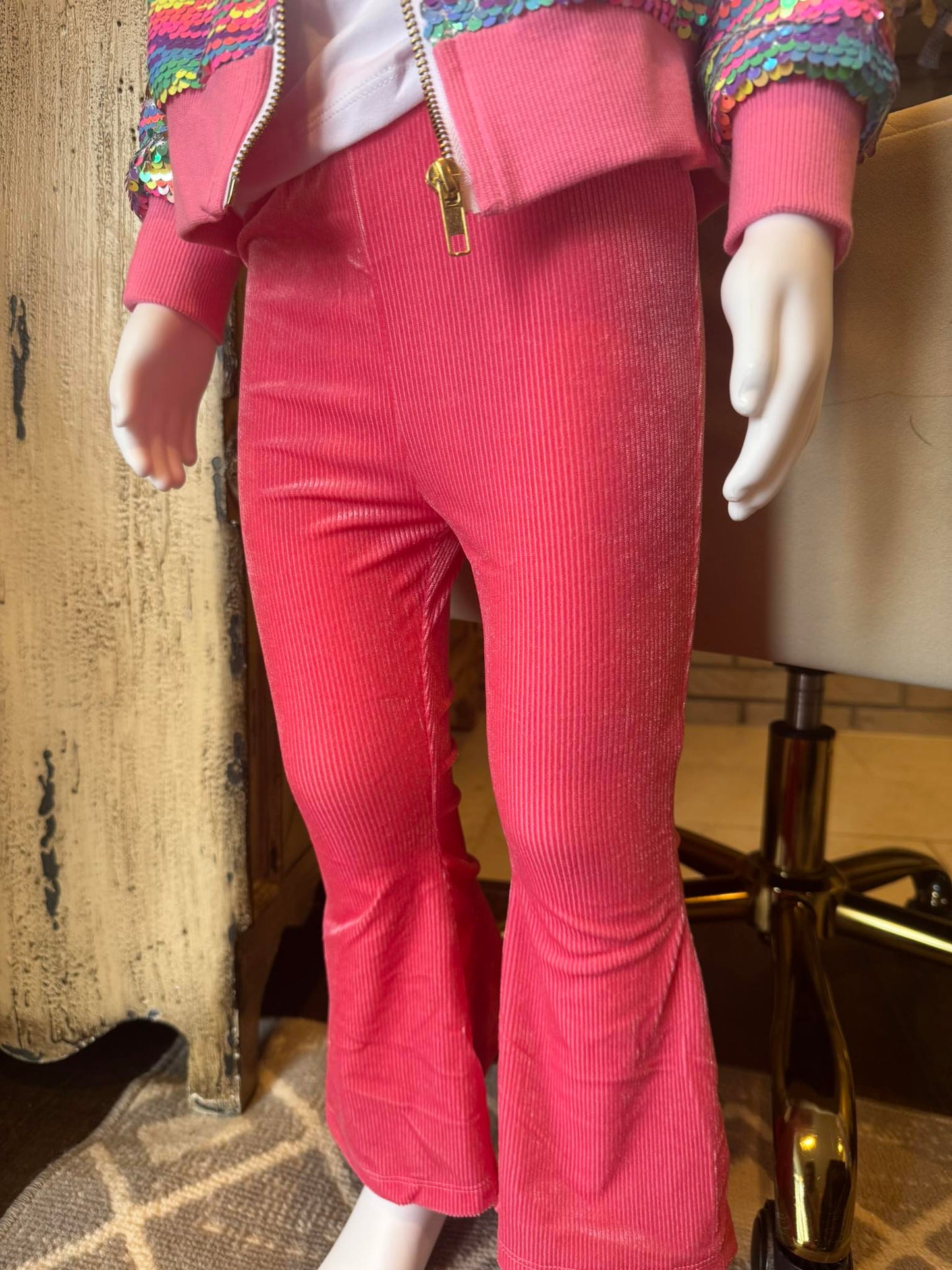 Watermelon Pink Velvet Ribbed Flares