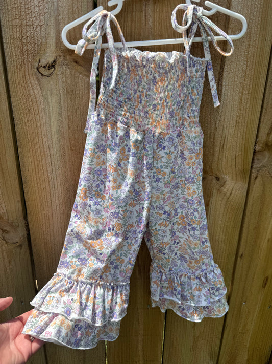 Purple Floral Smocked Ruffle Jumpsuit