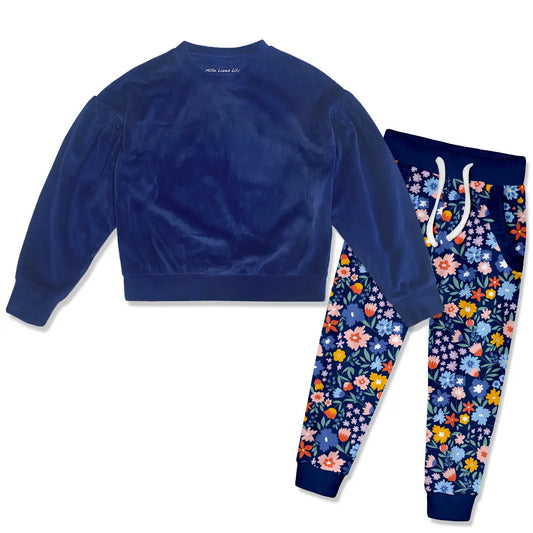 Navy Floral Velour Sweatshirt & Velour Joggers